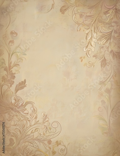 soft pastel color beige background parchment with a thin barely noticeable floral ornament, wallpaper copy space, vintage design Generative AI
