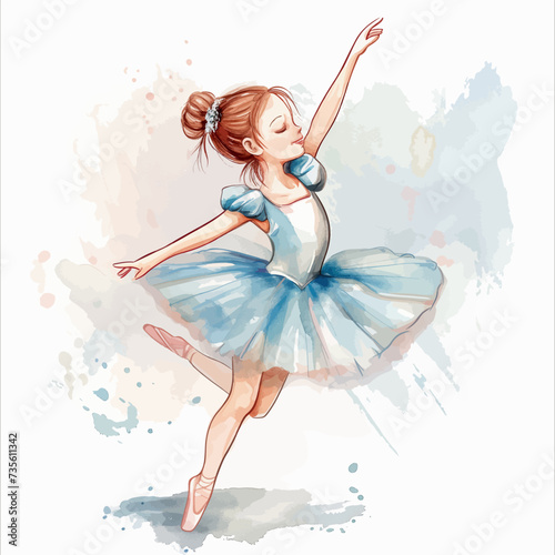 ballet dancer in blue dress watercolor white background	
