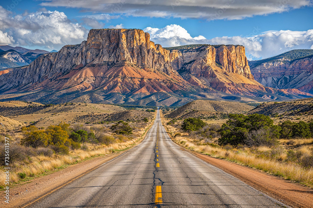 Empty road through southwestern desert buttes landscape, background