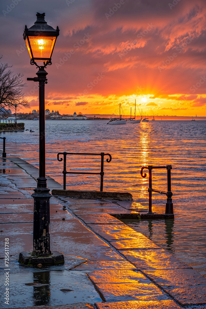 Charming old lamppost street light by the sea at sunset with sailboats, vertical, background, cover