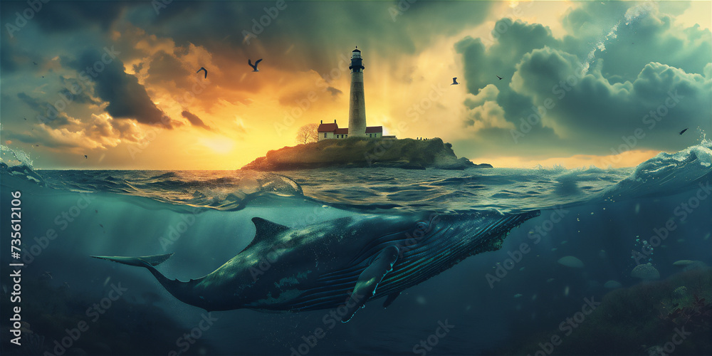  sunset over the sea with whale and light house