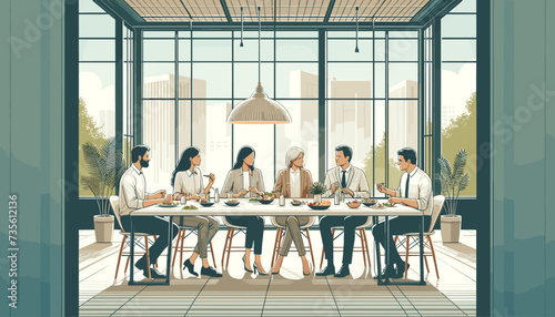 Concept of a lunch meeting in an office cafeteria.  Vector illustration.