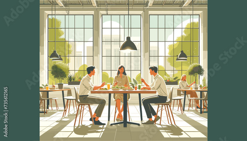 Concept of a lunch meeting in an office cafeteria.  Vector illustration.