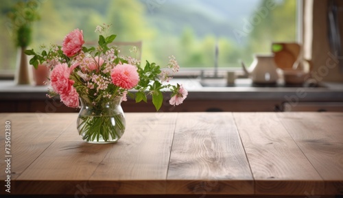 Bouquet of wildflowers in a glass vase on a wooden table