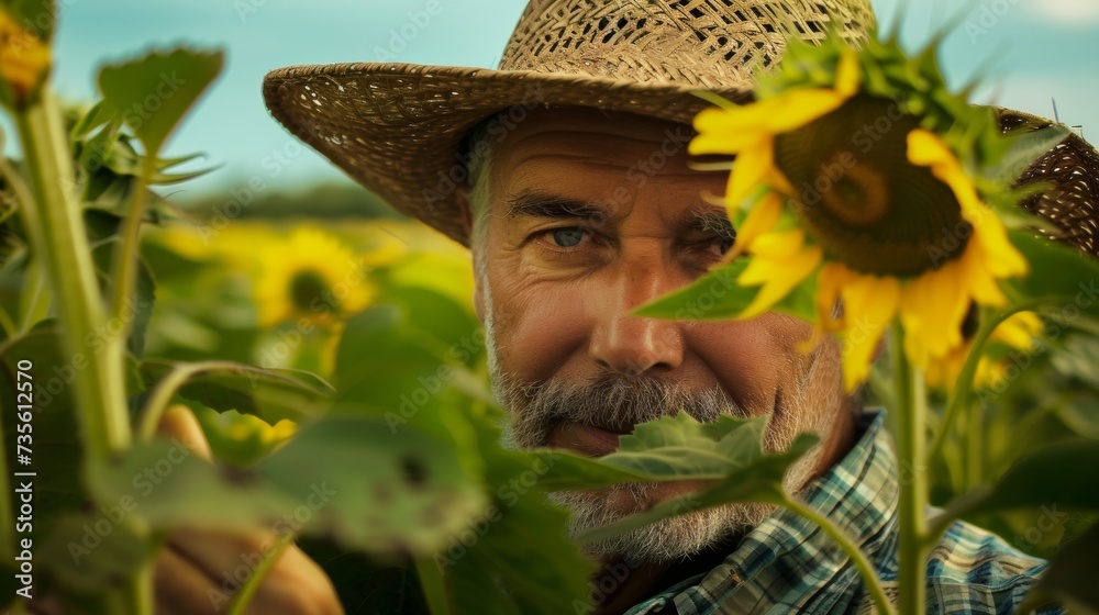 Farmer Smiling Proudly with Straw Hat amidst Sunflowers AI Generated