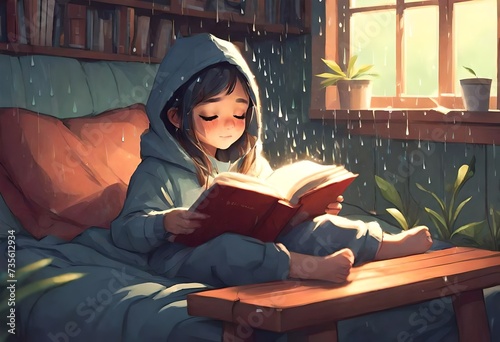 Enjoying the rain by reading a fantastic story book  photo