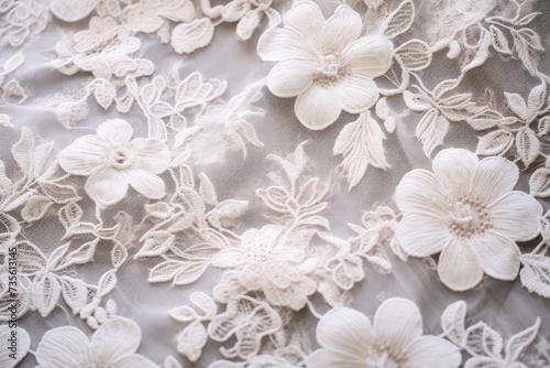 Elegant White Lace Fabric with Delicate Floral Patterns and Pearlescent Beadwork