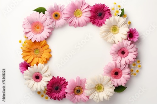 Round frame colourful gerbera daisy assorted flowers on white border background. Valentine's day-mother's day. greeting card. presentation. advertisement. copy text space.