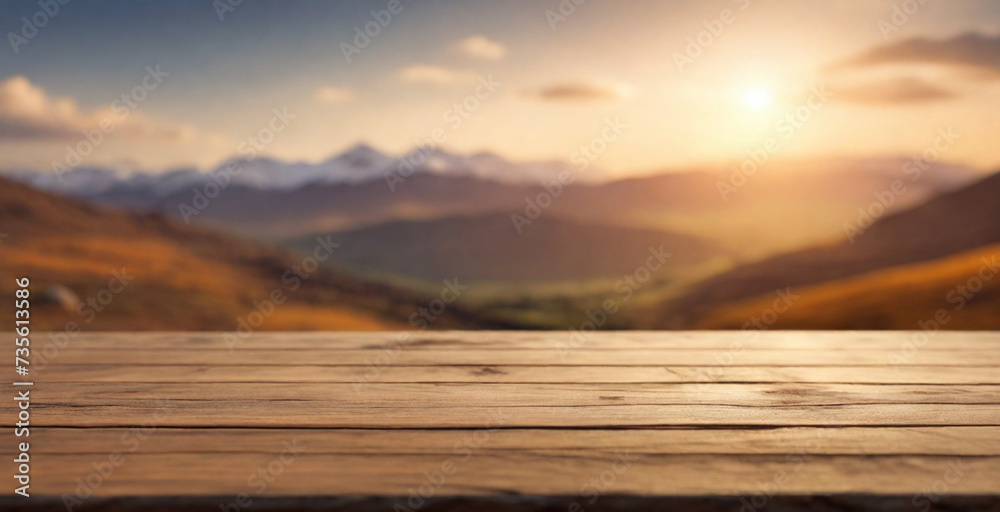 empty space table and mountains background , warm and Blurred soft lighting behind.