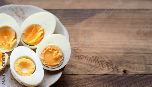 Sliced soft boiled eggs on wooden table background with copyspace, healthy eating concept
