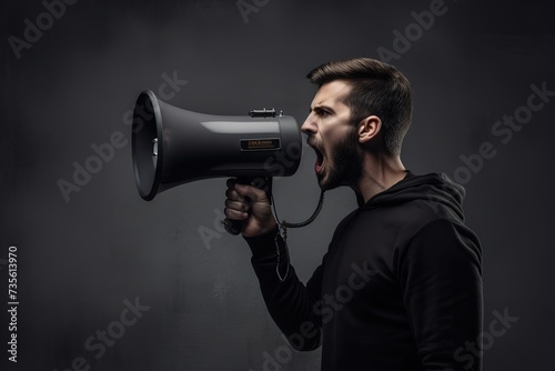 Man screaming announcement in megaphone