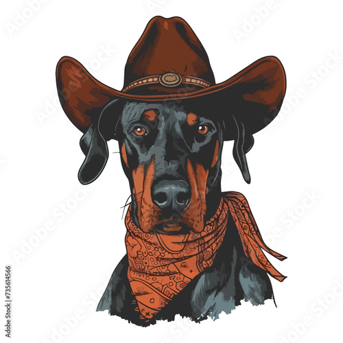 doberman dog Head wearing cowboy hat and bandana around neck