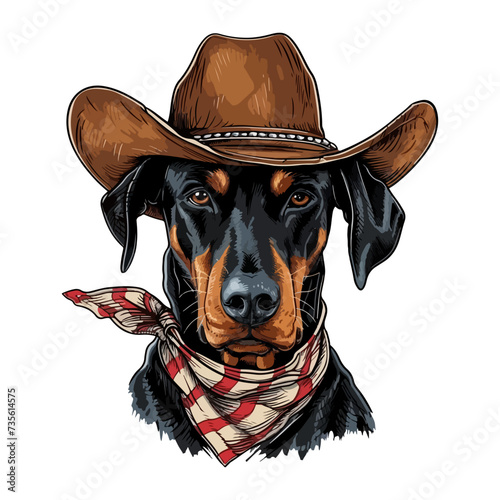 doberman dog Head wearing cowboy hat and bandana around neck