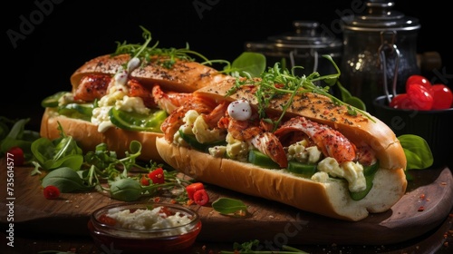 Delicious lobster rolls filled with lobster meat and vegetables