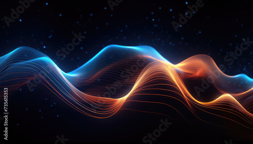 Flowing dot particles wave line pattern blue and purple gradient light isolated on dark black background. Concept of AI technology  science  soundwave  big data   website template  and landing page.