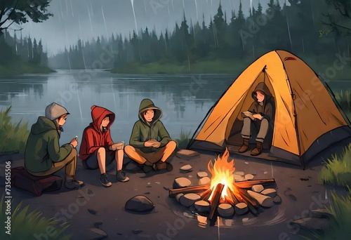 During the winter season, they camped on the banks of the river and enjoyed the fire photo