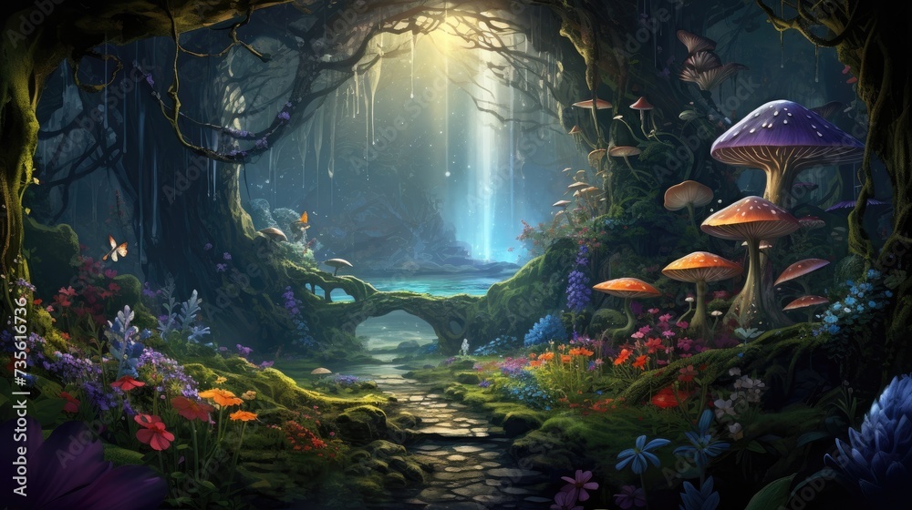 Enchanted forest path with mystical mushrooms and foliage. Fantasy setting.