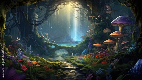 Enchanted forest path with mystical mushrooms and foliage. Fantasy setting. © Postproduction
