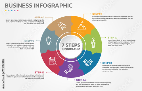Visual data presentation. Cycle diagram with 7 options. Pie Chart Circle infographic template with 7 steps, options, parts, segments. Business concept. Marketing infographic vector illustration. photo