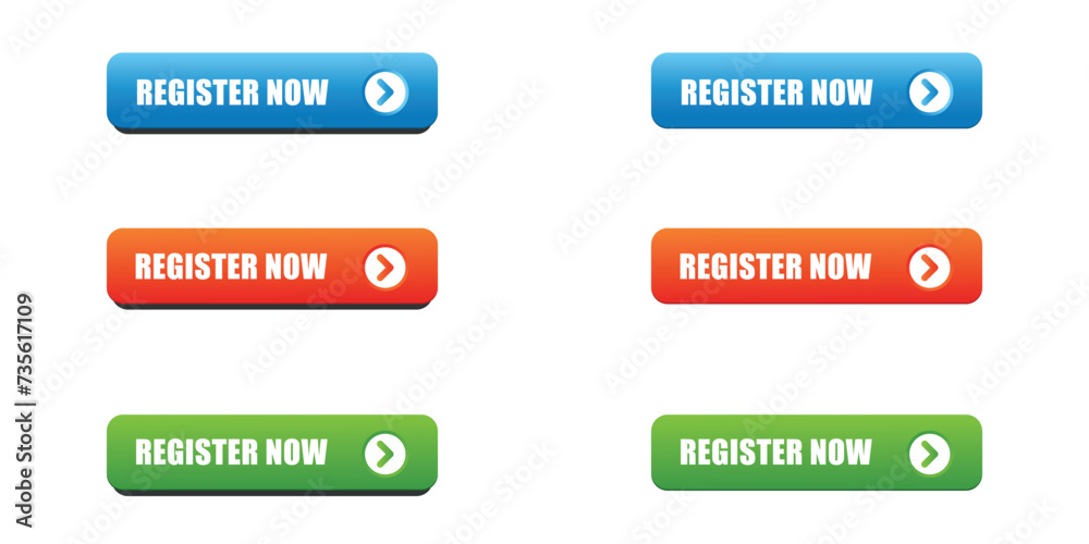Register buttons for web applications and websites. 3d style with arrow symbols. Vector illustration. Register buttons for web applications and websites. 3d style with arrow symbols. Vector illustration.