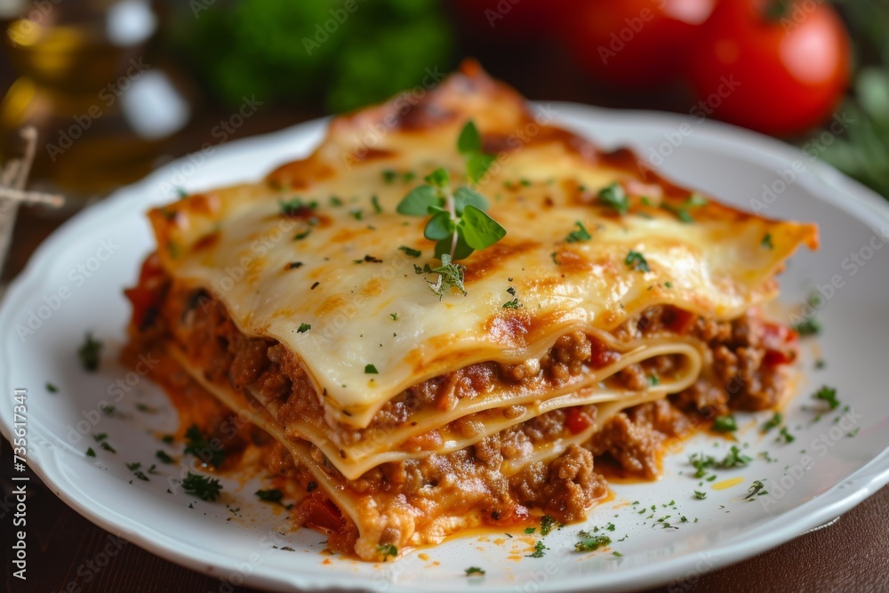 Serving of lasagna on a white plate with tomatoes and herbs in the background, dish presentation. Serving of lasagna on a white plate with tomatoes and herbs in the background, dish presentation.