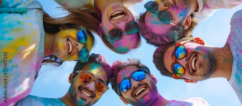 Diverse group of people with their faces covered in vibrant and colorful paint for a creative expression and art project