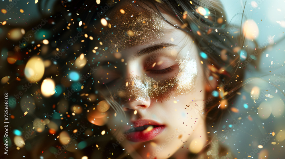 Joyful Woman Celebrating with Vibrant Optical Confetti Explosion Joyful Woman Celebrating with Vibrant Optical Confetti Explosion