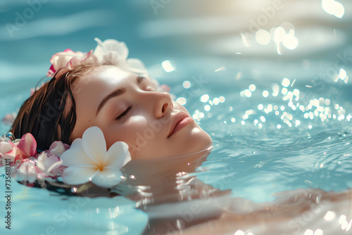 A sensual young woman finds serenity as she relaxes in an outdoor spa swimming pool, her hair adorned with a delicate flower, embodying the essence of beauty and body care.