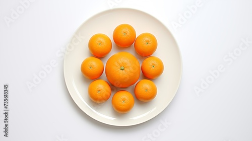 A mandarin displayed on a circular white plate against a white background, viewed from above.