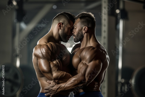 Passionate Romance: Sculpted Love in a Kiss Between Bodybuilders.