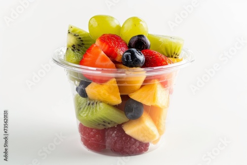 A colorful transparent plastic cup filled with a variety of fresh fruits, including berries and citrus slices