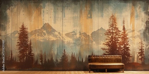 The vintage wallpaper in the old mountain cabin had a weathered and stained texture, adorned with retro stripes and grunge details, giving a nostalgic, Generative AI  photo