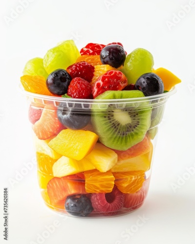 Plastic cup with colorful fruit salad, white backdrop