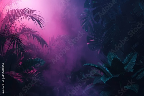 nature leaves wallpaper for desktop. Natural landscape background. Synthwave Style Leaf Background. fantasy forest with fireflies. night forest with fog background. Fantasy landscape forest at night.