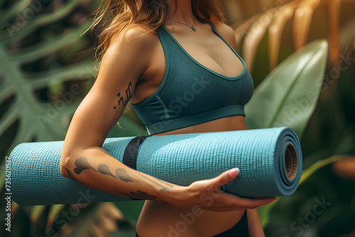 Cropped photo of an athletic young lady holding a rolled-up yoga mat under her arm © Uliana