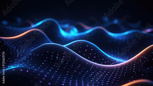 Flowing dot particles wave line pattern blue and purple gradient light isolated on dark black background. Concept of AI technology, science, soundwave, big data , website template, and landing page.