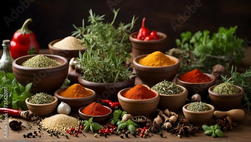 Herbs and spices composition cooking ingredients on a wooden tabletop