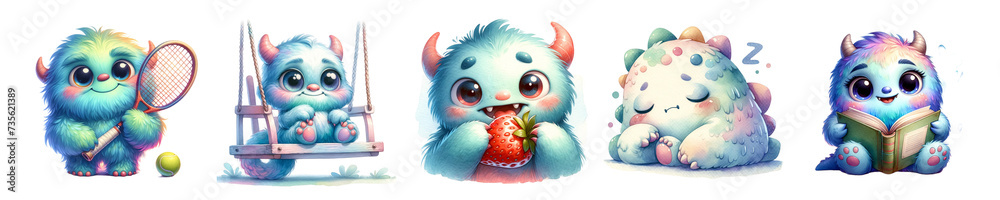 Obraz premium Watercolor cute monster on white background.