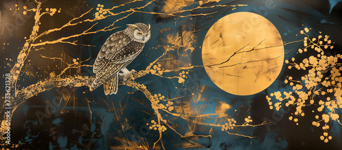 Vintage 17th century Japanese Ukiyo-e style Byobu panel of an owl on a branch in front of the full moon with gold leaf  photo
