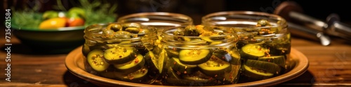 Pickles in jars on a wooden table. Generative AI.