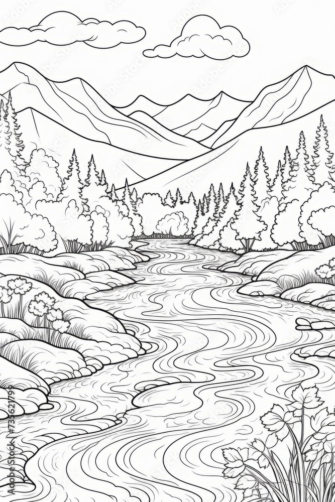 Landscape of a lake in the mountains. Hand-drawn illustration.