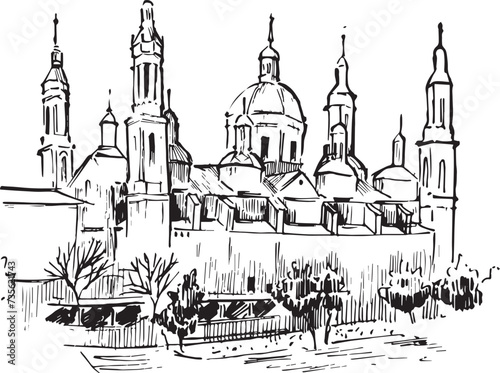 The Basílica de Nuestra Señora del Pilar ink illustration. Landscape ink sketch. Historical structure vector drawing. Isolated on white background.