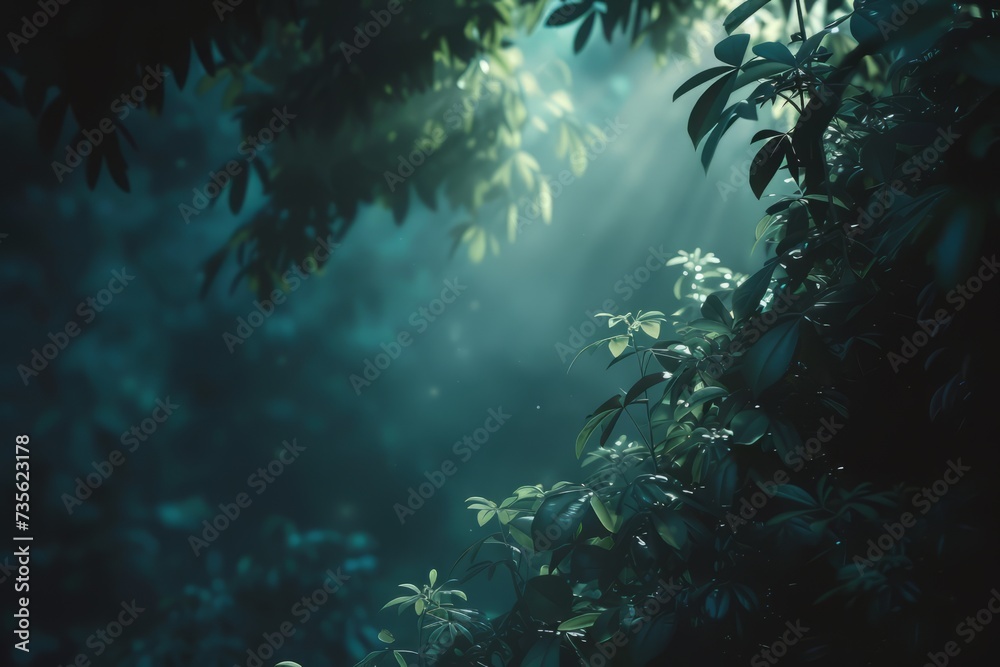 night forest with fog background. Fantasy landscape forest at night. nature leaves wallpaper for desktop. Natural landscape background. Synthwave Style Leaf Background. fantasy forest wallpaper.