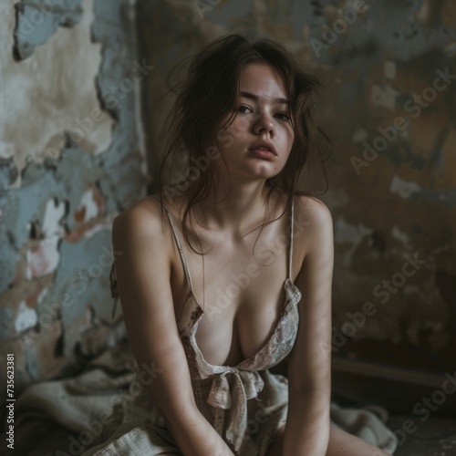 Woman in the Love Hurt Style - Looking Sad Hot Grunge Soft Love Model Pose, Nostalgia Woman, Is Alone, Raw Emotional Feelings, Sad Dessous Hot Playful Fashion created with Generative AI Technology