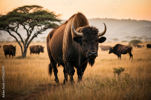 A powerful male buffalo, adorned with impressive horns, grazes peacefully in the grass, symbolizing the grandeur and untamed beauty of African wildlife on the safari.