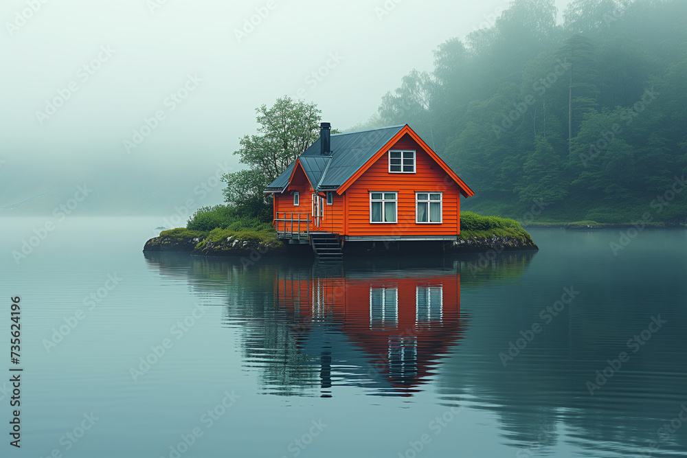 Obraz premium A scenic view of a house on the north shore, harmonizing with the beauty of nature, offering a peaceful retreat and capturing the essence of serene relaxation in a stunning landscape