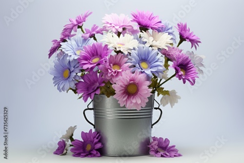 Bouquet of daisies in a bucket on a gray background