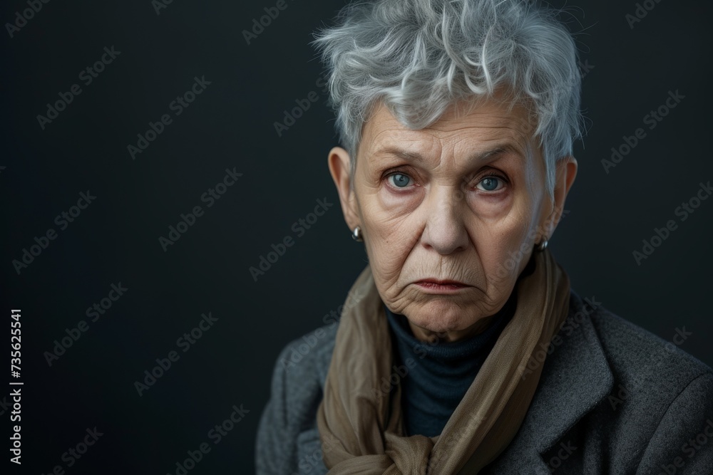 Elderly woman with grim expression on dark background Elderly woman with grim expression on dark background