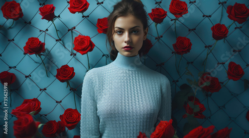 Photo of white russian woman looking pensive, in the style of lively tableaus, on blurred red rose background	
 photo