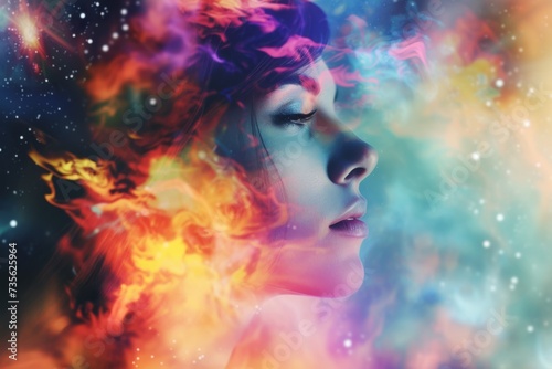 Female profile with fiery and cosmic elements